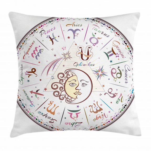 Zodiac Decor Throw Pillow Cushion Cover, Western Chart with All Signs Aries Virgo Leo Taurus Libra Mystique Fate Calendar, Decorative Square Accent Pillow Case, 16 X 16 Inches, Multi, by Ambesonne