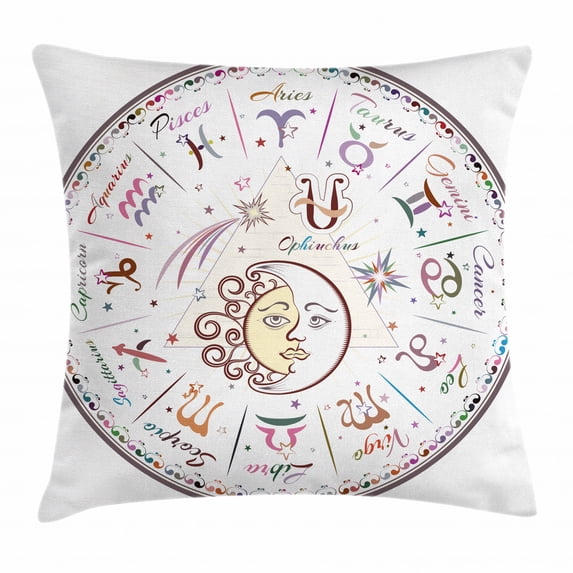 Zodiac Decor Throw Pillow Cushion Cover, Western Chart with All Signs Aries Virgo Leo Taurus Libra Mystique Fate Calendar, Decorative Square Accent Pillow Case, 16 X 16 Inches, Multi, by Ambesonne