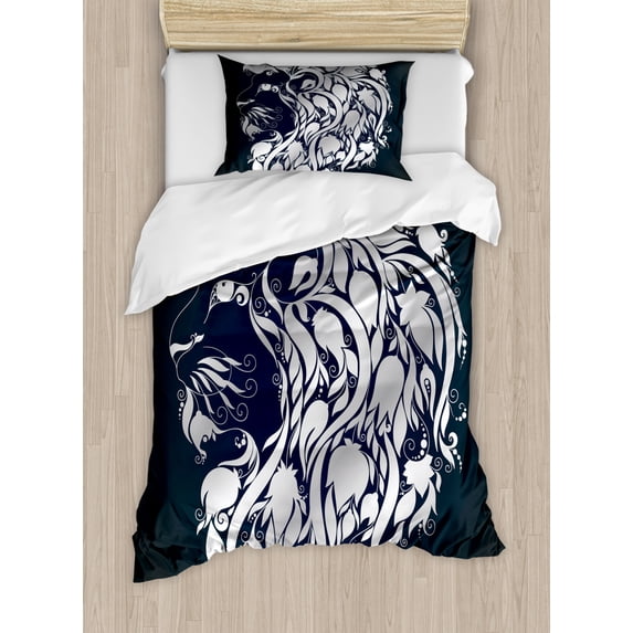Zodiac Decor Twin Size Duvet Cover Set, Head Shape of Astrological Leo Portrait with Swirling Flower Branches Image, Decorative 2 Piece Bedding Set with 1 Pillow Sham, Blue Silver, by Ambesonne