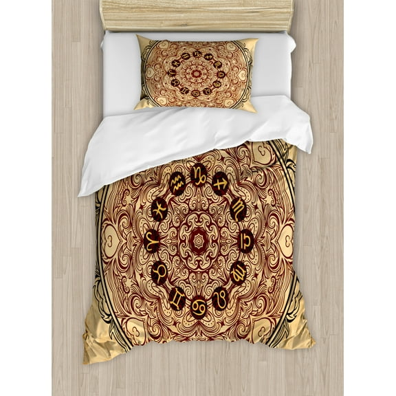 Zodiac Decor Twin Size Duvet Cover Set, Micro Cosmos Universe Icon Eastern Lace Mandala Form with Signs on Grunge Back, Decorative 2 Piece Bedding Set with 1 Pillow Sham, Brown Tan, by Ambesonne