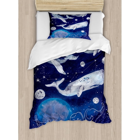 Zodiac Decor Twin Size Duvet Cover Set, Mystical Space Image with Whales Legend of Universe Planetary Angles Print, Decorative 2 Piece Bedding Set with 1 Pillow Sham, Blue Grey, by Ambesonne