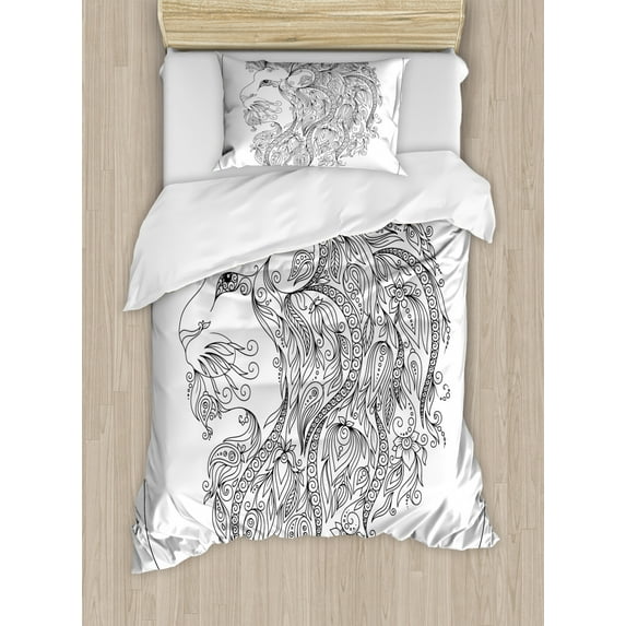 Zodiac Decor Twin Size Duvet Cover Set, Visage of Zodiac Leo with Flowers on Hair King of Forest Horoscope Theme, Decorative 2 Piece Bedding Set with 1 Pillow Sham, Black White, by Ambesonne