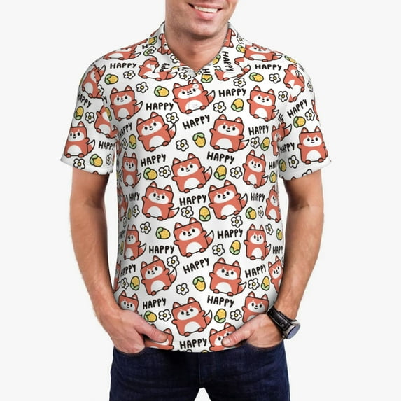 Polo Shirts for Men, Happy Foxy Faces Breathable Casual Mens Polo Shirts Short Sleeve Button Down Classic Mens Golf Polo Shirts