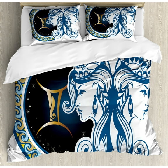 Zodiac Duvet Cover Set King Size, Gemini Icon Motif with Back to Back Women Future Celestial Information Cosmos Theme, Decorative 3 Piece Bedding Set with 2 Pillow Shams, Multicolor, by Ambesonne
