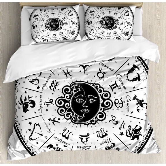 Zodiac Duvet Cover Set King Size, Minimalist Rounded Symbols Mystical Outer Space Effects on Character Image Print, Decorative 3 Piece Bedding Set with 2 Pillow Shams, Black White, by Ambesonne