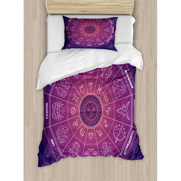 Zodiac Duvet Cover Set Twin Size, Colorful Circle Regarding the Position of Celestial Bodies Place of Birth Theme Design, Decorative 2 Piece Bedding Set with 1 Pillow Sham, Purple, by Ambesonne