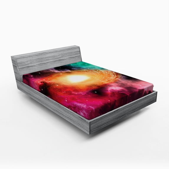 Zodiac Fitted Sheet, Colorful Astronomy Pictures of a Spiral Galaxy Stars Stardust and Cosmos, Soft Decorative Fabric Bedding, Full Size, Pink Orange Green, by Ambesonne