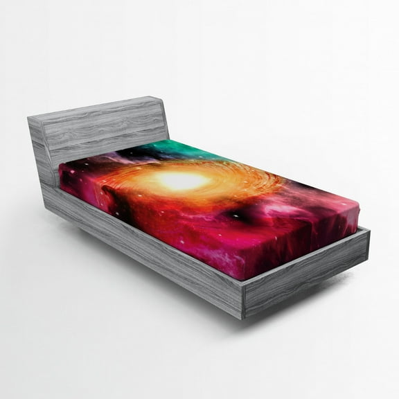 Zodiac Fitted Sheet, Colorful Astronomy Pictures of a Spiral Galaxy Stars Stardust and Cosmos, Soft Decorative Fabric Bedding, Twin Size, Pink Orange Green, by Ambesonne