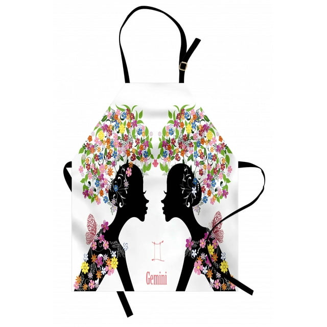 Zodiac Gemini Apron Two Young Ladies with Colorful Spring Blossoms and Butterflies Fashion Girls, Unisex Kitchen Bib Apron with Adjustable Neck for Cooking Baking Gardening, Multicolor, by Ambesonne
