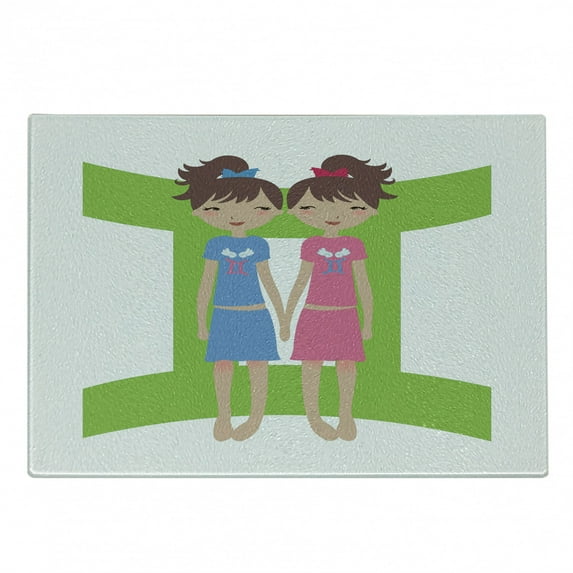 Zodiac Gemini Cutting Board, Green Sign Background with Twin Girl Cartoon Characters for Teens and, Decorative Tempered Glass Cutting and Serving Board, Small Size, Multicolor, by Ambesonne