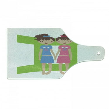 Zodiac Gemini Cutting Board, Green Sign Background with Twin Girl Cartoon Characters for Teens and, Decorative Tempered Glass Cutting and Serving Board, Wine Bottle Shape, Multicolor, by Ambesonne