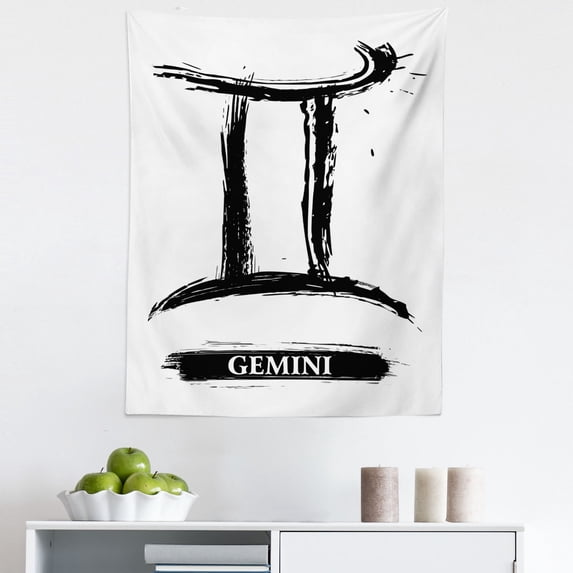 Zodiac Gemini Tapestry, Grunge and Brushstroke Design Horoscope Astrology, Fabric Wall Hanging Decor for Bedroom Living Room Dorm, 5 Sizes, Black and White, by Ambesonne