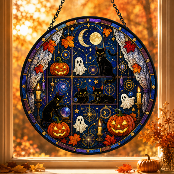 Zodiac Halloween Stained Glass Suncatcher, Celestial Spooky Window Hanging
