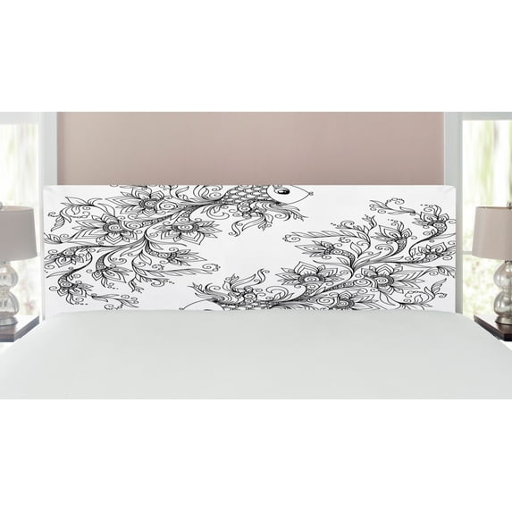 Zodiac Headboard, Floral Images Pisces Sign Fish House of the Water Element Sensitivity Planet Sign, Upholstered Decorative Metal Bed Headboard with Memory Foam, King Size, Black White, by Ambesonne