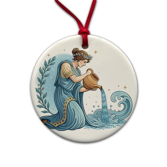 Zodiac Horoscope Symbol Aquarius Water Bearer Christmas Tree Holiday Round Ceramic Ornament