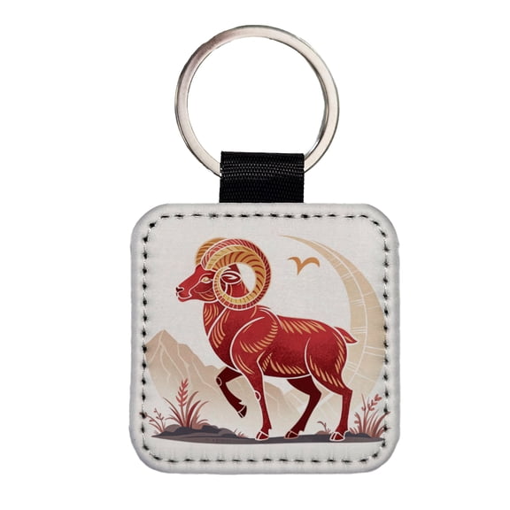 Zodiac Horoscope Symbol Aries Ram Faux Leather Square Keychain