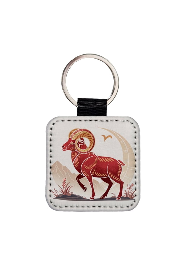 Zodiac Horoscope Symbol Aries Ram Faux Leather Square Keychain