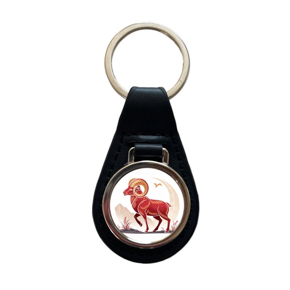 Zodiac Horoscope Symbol Aries Ram Metal Black Leather Keychain