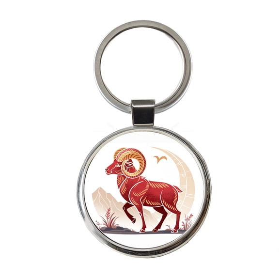 Zodiac Horoscope Symbol Aries Ram Metal Round Keychain