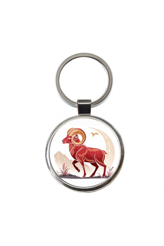 Zodiac Horoscope Symbol Aries Ram Metal Round Keychain