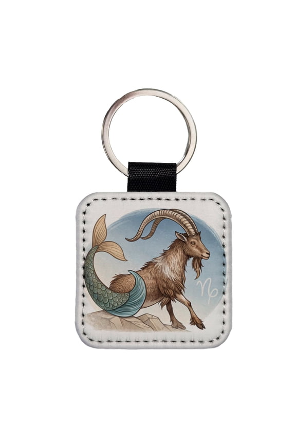 Zodiac Horoscope Symbol Capricorn Sea Goat Faux Leather Square Keychain