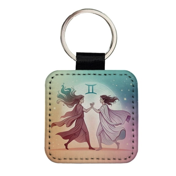 Zodiac Horoscope Symbol Gemini Twins Faux Leather Square Keychain