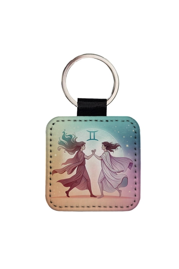 Zodiac Horoscope Symbol Gemini Twins Faux Leather Square Keychain