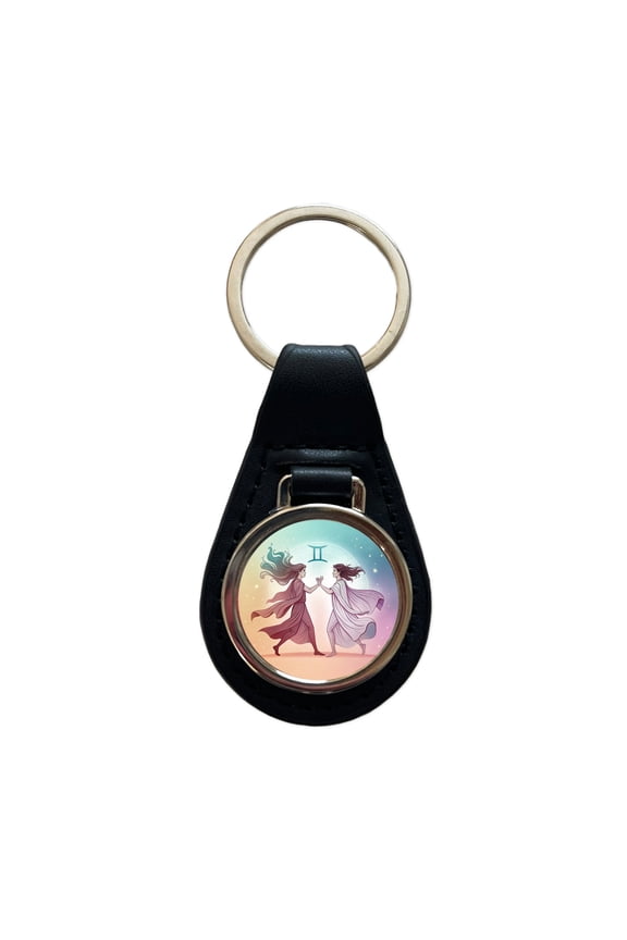 Zodiac Horoscope Symbol Gemini Twins Metal Black Leather Keychain