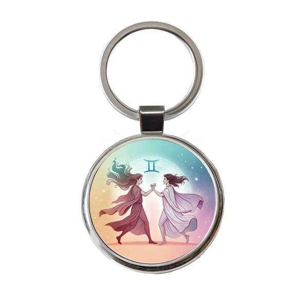 Zodiac Horoscope Symbol Gemini Twins Metal Round Keychain