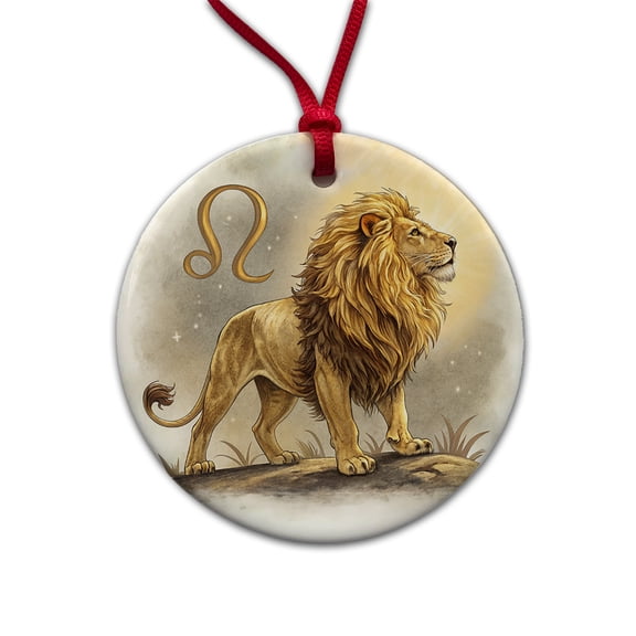 Zodiac Horoscope Symbol Leo Lion Christmas Tree Holiday Round Ceramic Ornament