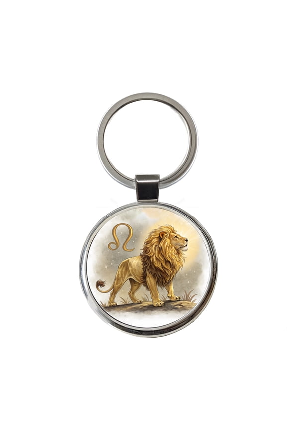 Zodiac Horoscope Symbol Leo Lion Metal Round Keychain