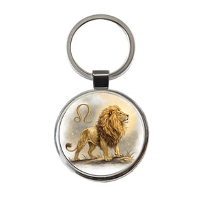 Zodiac Horoscope Symbol Leo Lion Metal Round Keychain