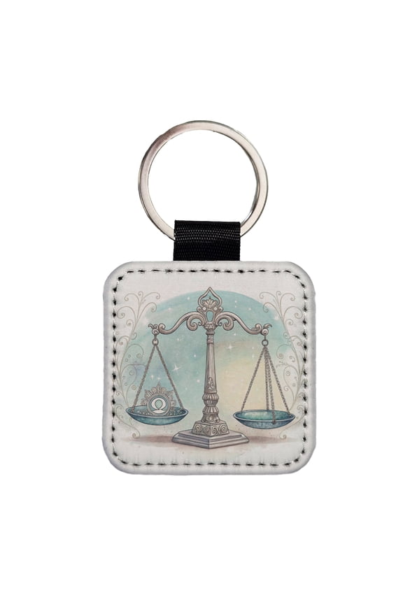 Zodiac Horoscope Symbol Libra Scales Faux Leather Square Keychain