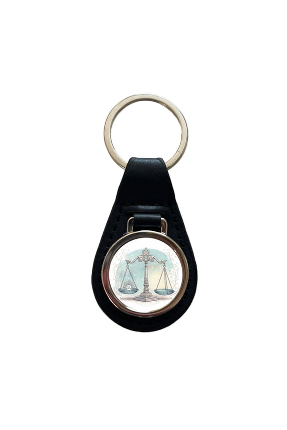 Zodiac Horoscope Symbol Libra Scales Metal Black Leather Keychain