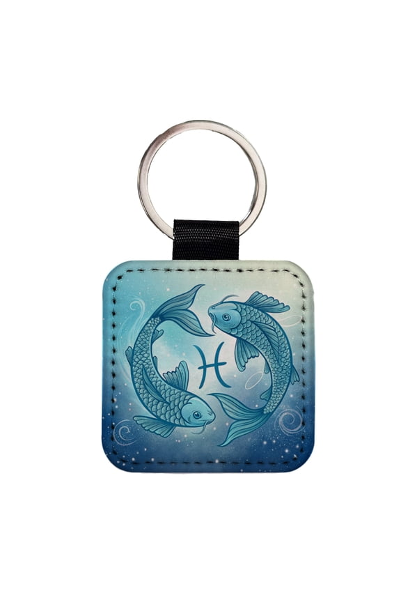Zodiac Horoscope Symbol Pisces Fish Faux Leather Square Keychain