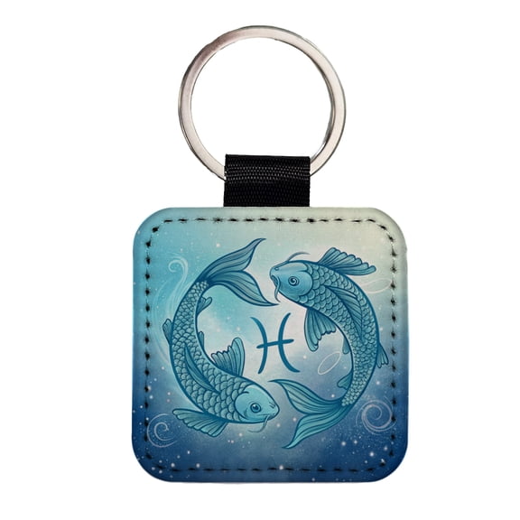 Zodiac Horoscope Symbol Pisces Fish Faux Leather Square Keychain