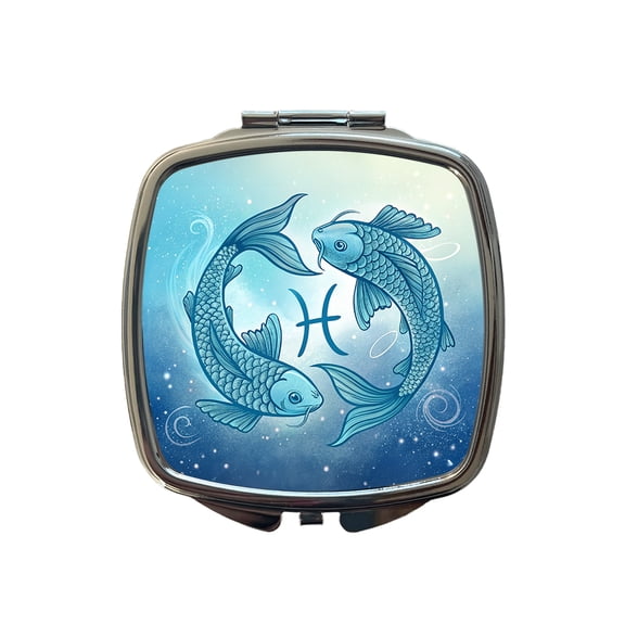 Zodiac Horoscope Symbol Pisces Fish Travel Makeup Handbag Purse Small Pocket Compact Mirror