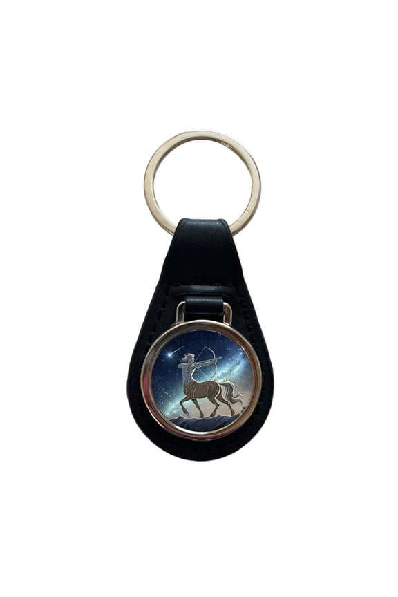 Zodiac Horoscope Symbol Sagittarius Centaur Metal Black Leather Keychain