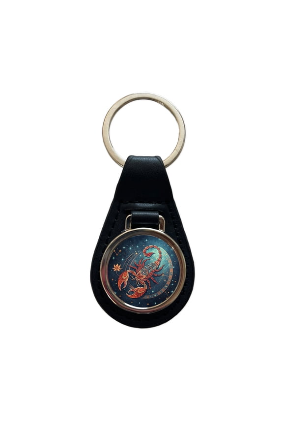 Zodiac Horoscope Symbol Scorpio Scorpion Metal Black Leather Keychain