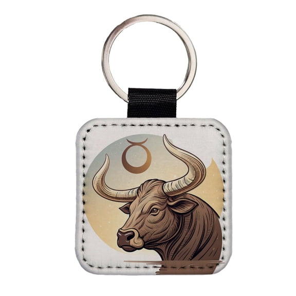 Zodiac Horoscope Symbol Taurus Bull Faux Leather Square Keychain