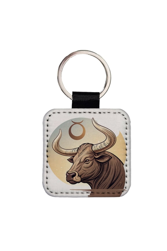 Zodiac Horoscope Symbol Taurus Bull Faux Leather Square Keychain