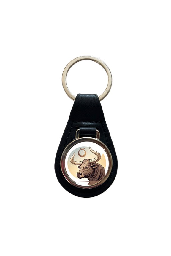 Zodiac Horoscope Symbol Taurus Bull Metal Black Leather Keychain