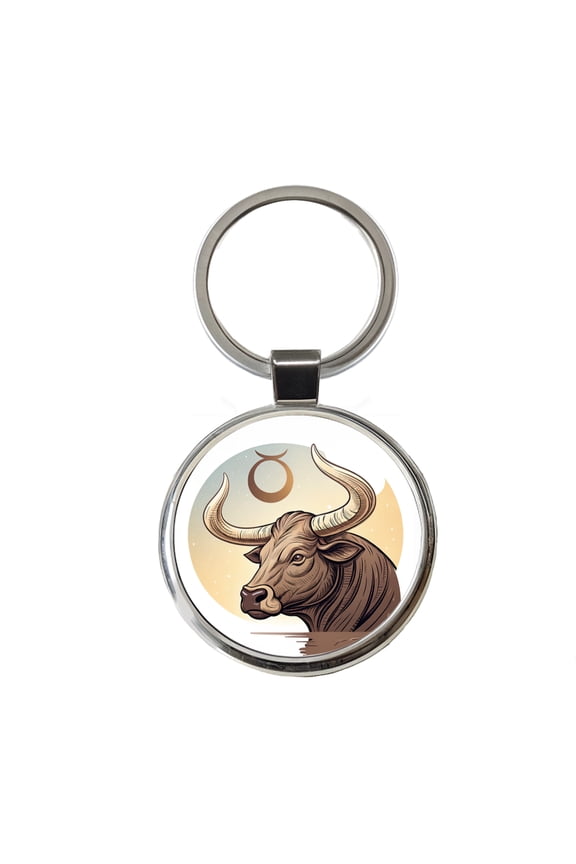 Zodiac Horoscope Symbol Taurus Bull Metal Round Keychain