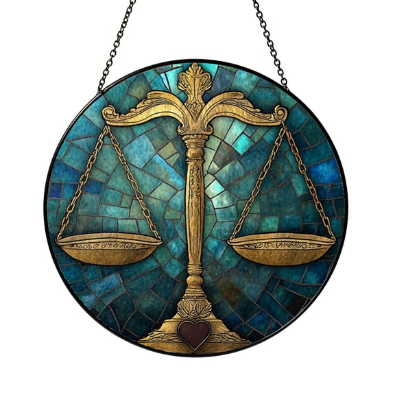 Zodiac Libra Stained Glass Style Suncatcher, Round Balance Scale Window Panel with Starry Blue Background, Astrology Inspired Home Decor Gift