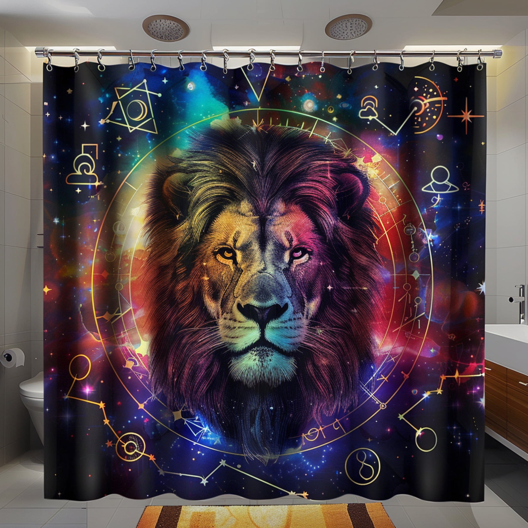 Zodiac Lion Space Shower Curtain with Astrological Symbols Vibrant