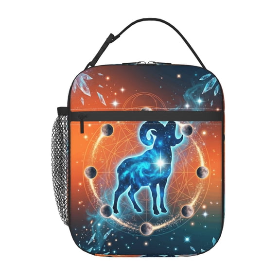 Zodiac Lunch Bag, Reusable Aries Astrology Lunch Box, Celestial Ram Galaxy Meal Prep Tote For Business, Daily Commute And Gym