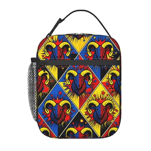 Zodiac Lunch Bag, Reusable Aries Pop Art Lunch Box, Comic Book Style Ram Diamond Pattern For Daily Commute, Fitness And Vacation