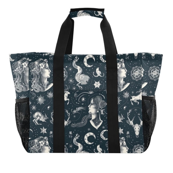 Zodiac Moon Girl Sun Reusable Grocery Bags with Handle Side Pocket Waterproof Shopping Portable Tote