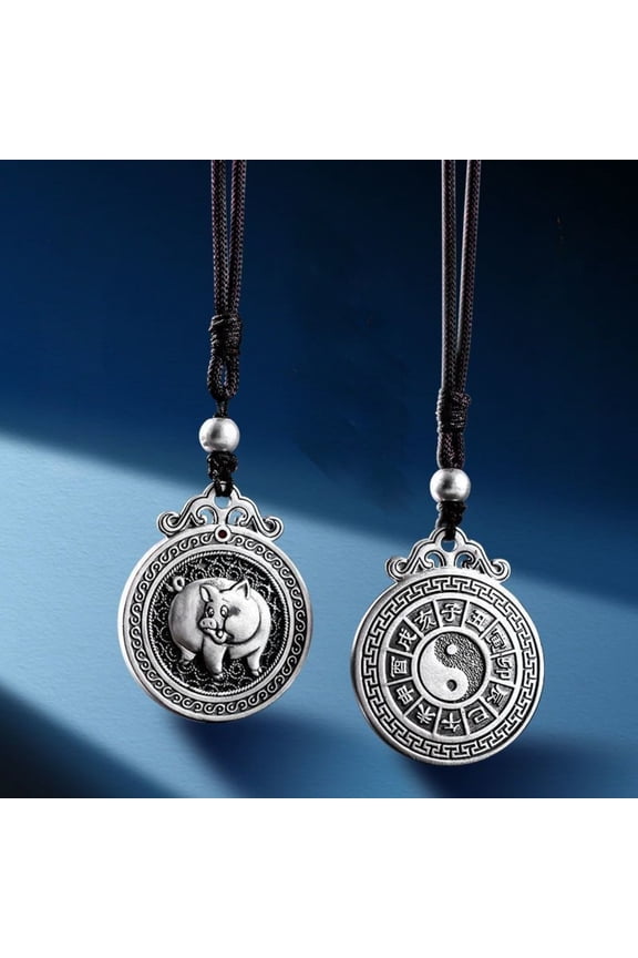 Zodiac Pig Guardian Pendant Necklace Double Sided Safety Amulet Transfer Jewelry for Men and Women