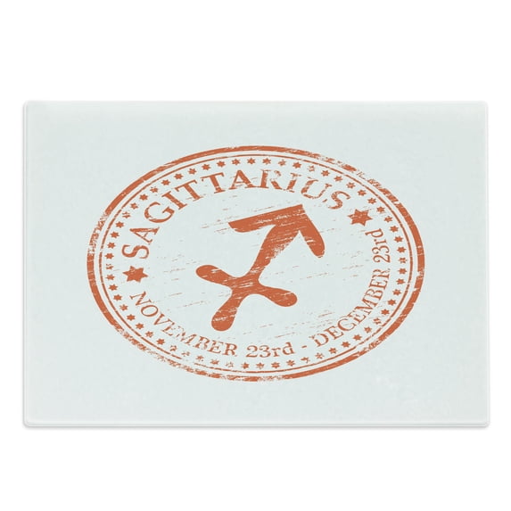 Zodiac Sagittarius Cutting Board, Grunge Sagittarius Logo with Stars Pattern Constellation Theme, Decorative Tempered Glass Cutting and Serving Board, Large Size, Orange and White, by Ambesonne